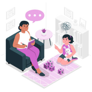 Grafika przedstawiająca dziewczynkę klęczącą na dywanie w stanie zaplątania myśli wraz z siedzącą obok na fotelu panią z notesem i symbolem prowadzenia rozmowy